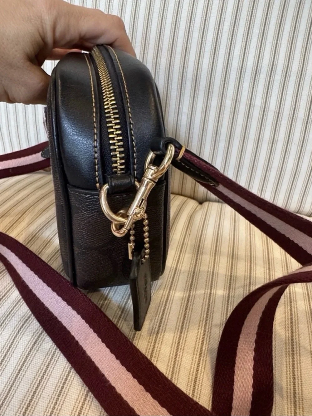 Coach Brown Leather Crossbody Camera Bag with Burgundy Stripe Strap NWOT